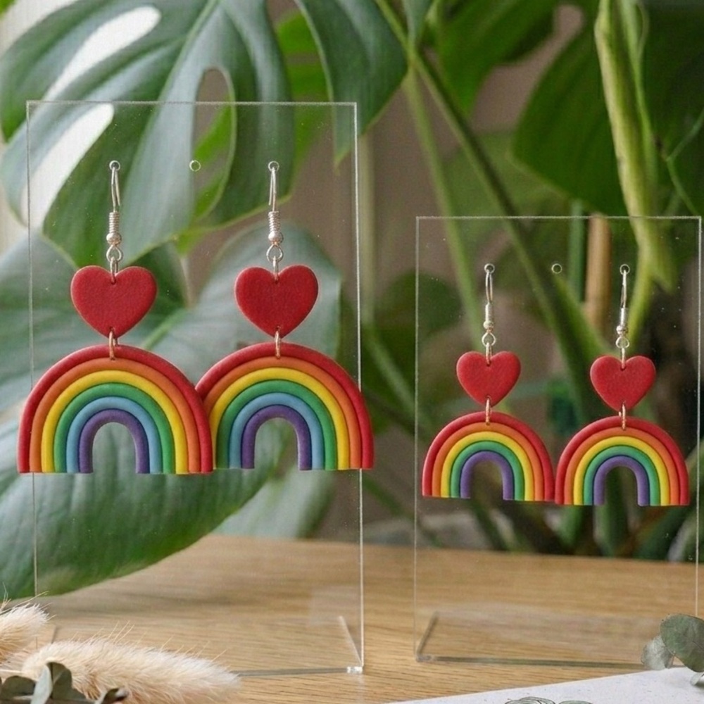 Rainbow Heart Dangles - Handmade Earrings - Red & Multicolor